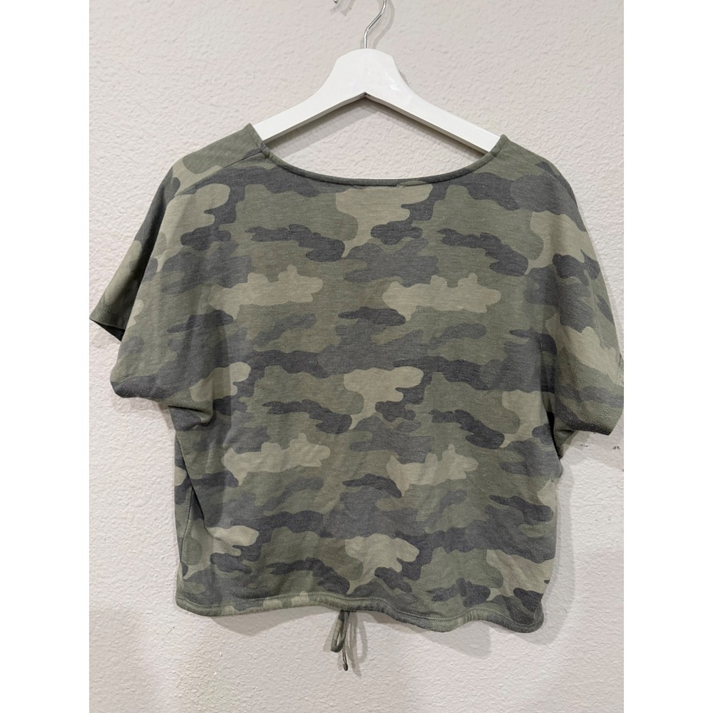 Como Vintage Camo Print‎ V-Neck Drawstring Tie Hem Top Green Grey Large - Picture 2 of 8